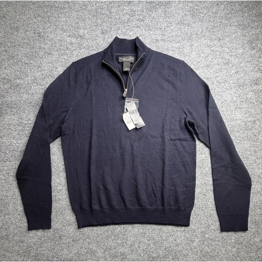 Bloomingdales Mens Store 1/4 Zip Sweater Medium Blue Merino 100% Wool New Tags